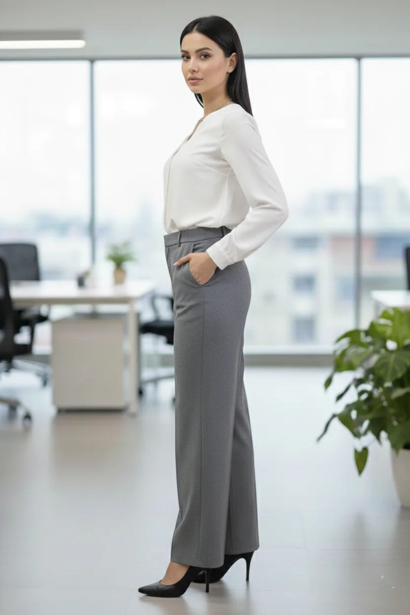 Women Grey Wide-Leg Trousers- side full image 
