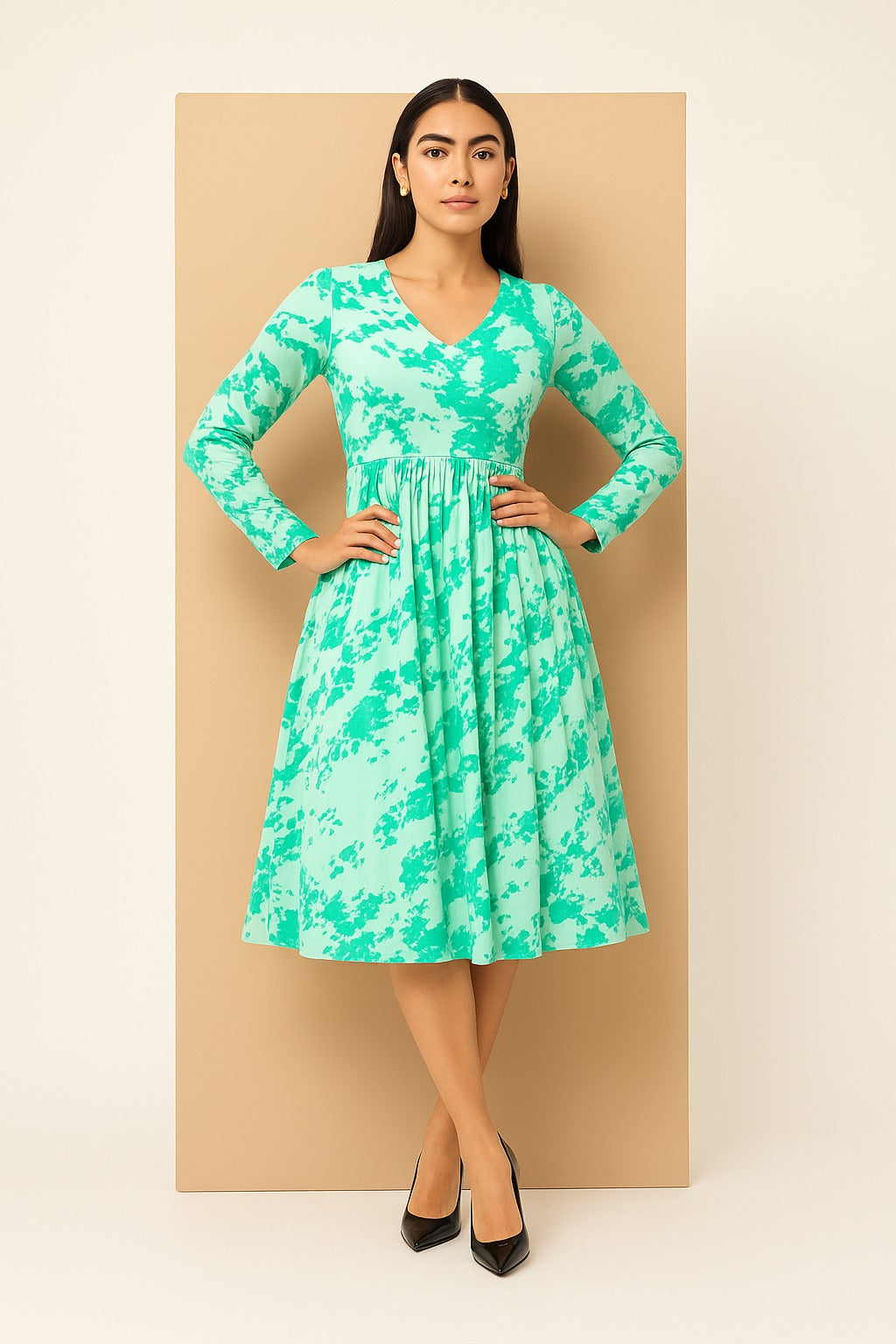 Light Green Printed A-Line Midi Dress with Long Sleeves