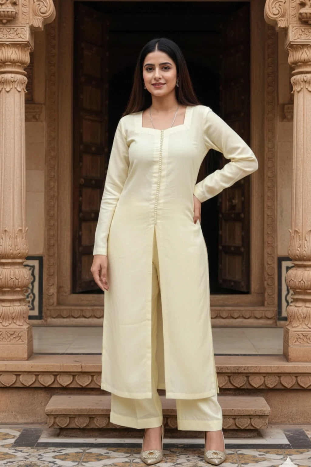 Light yellow silk blend kurta palazzo set for women, elegant silk kurta set, stylish ethnic wear outfit