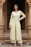Light yellow silk blend kurta palazzo set for women, elegant silk kurta set, stylish ethnic wear outfit