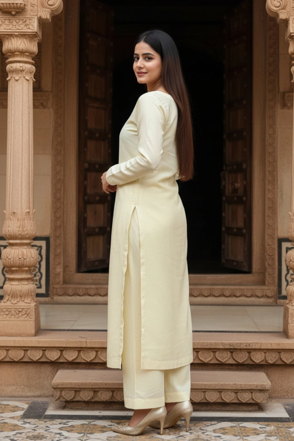 Yellow silk blend kurta palazzo set for women, silk kurta set for women, festive ethnic suit set with palazzo