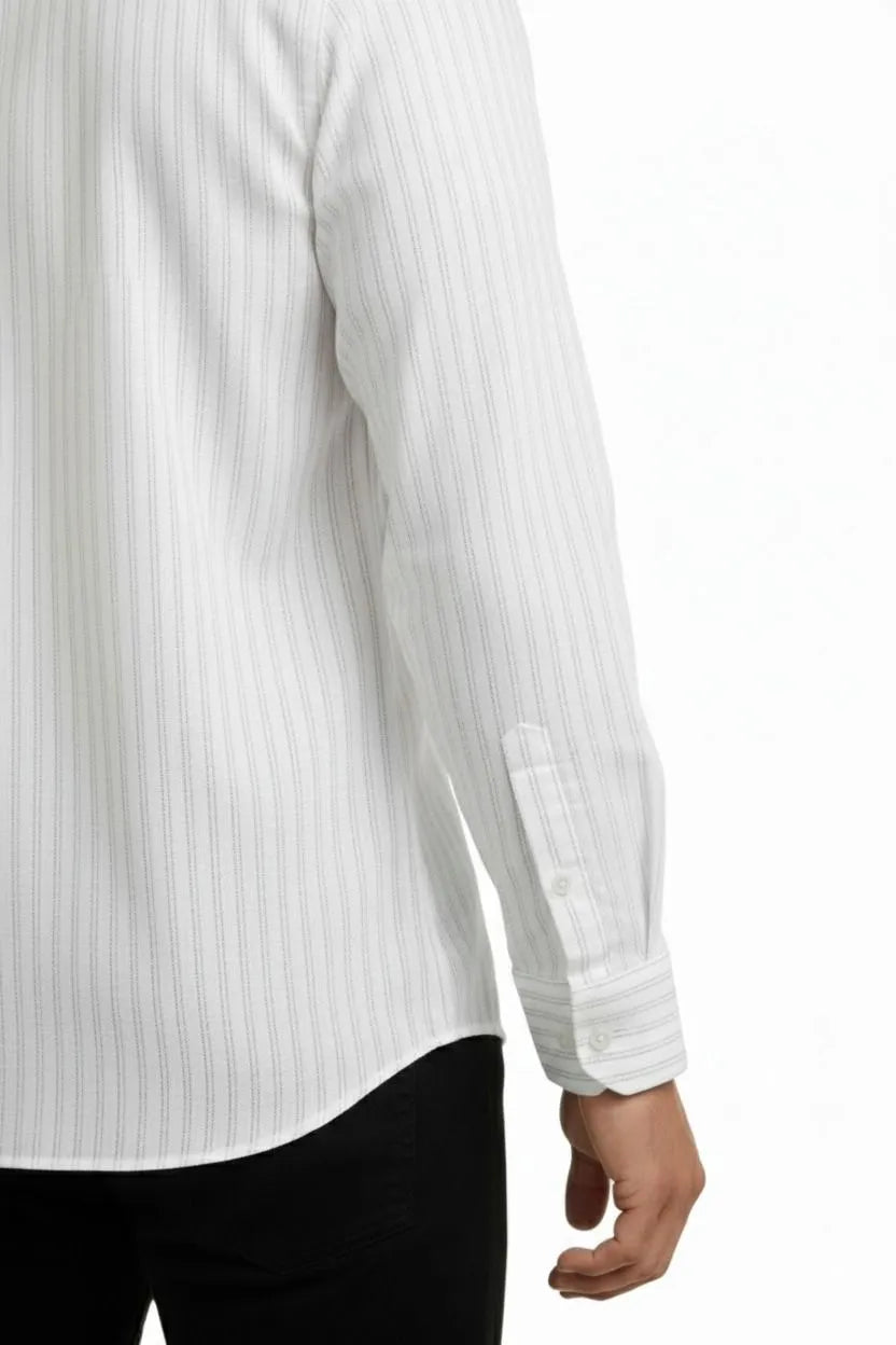 Stay sharp at outdoor events in this mens white linen shirt. A formal yet breezy white shirt for men linen with elegant stripes.