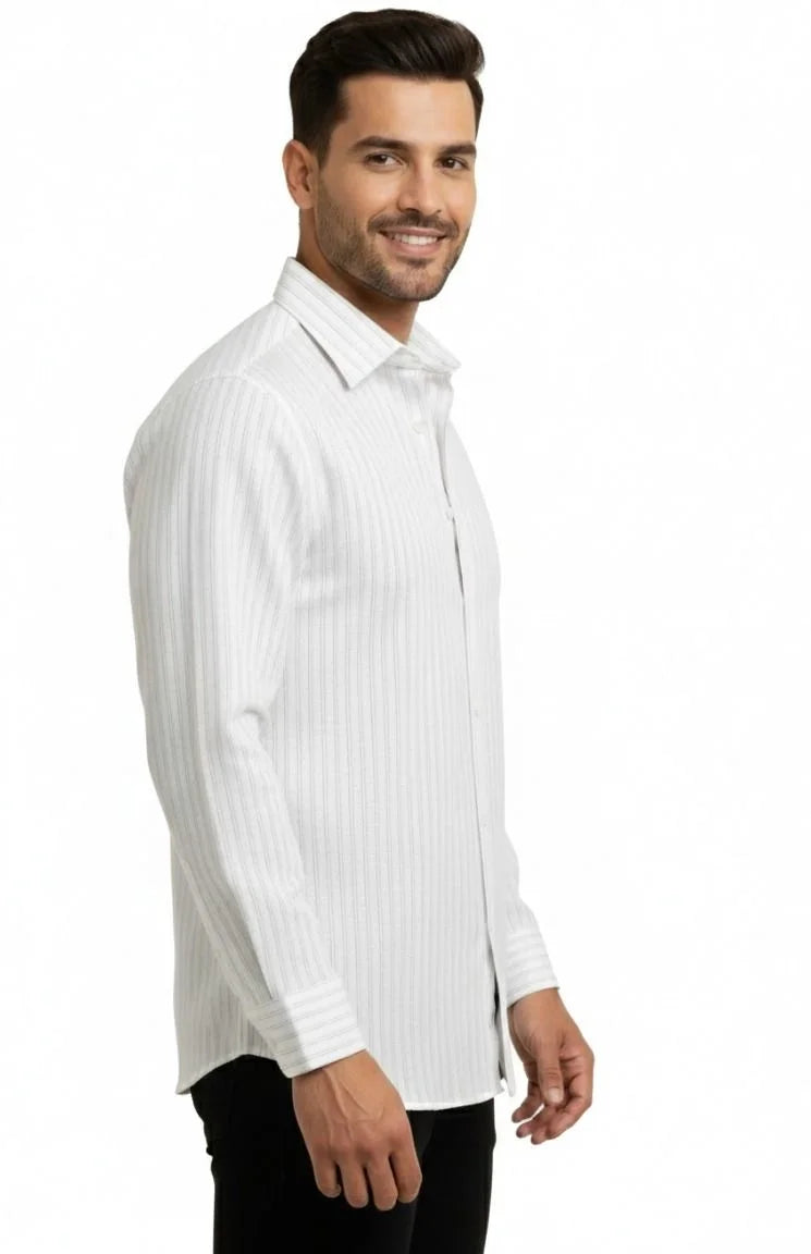 Sharply tailored white shirt for men linen with subtle stripes. An elegant men's white linen shirt for the contemporary wardrobe.