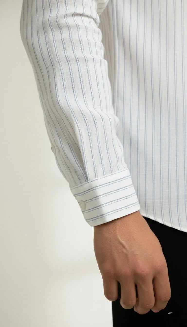 Enjoy a relaxed silhouette in this striped white shirt for men linen. A durable and soft men's white linen shirt for all-day wear.