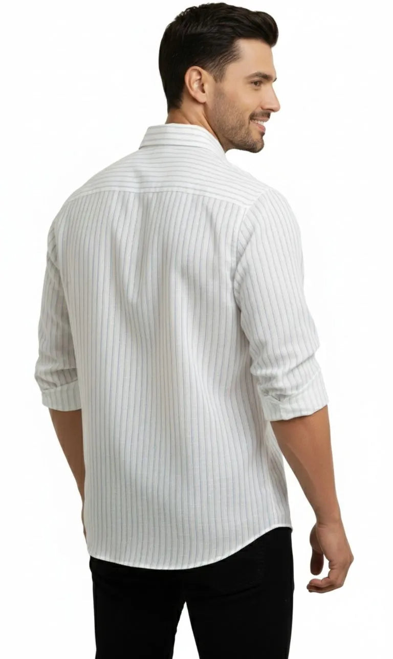 An easy-to-style men's white linen shirt with vertical stripes. A must-have white shirt for men linen that pairs well with chinos.