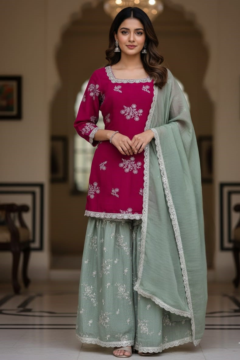 Magenta organza sharara suit set for women with elegant design and festive look. Perfect party wear suit, wedding outfit, and stylish ethnic wear for special occasions.