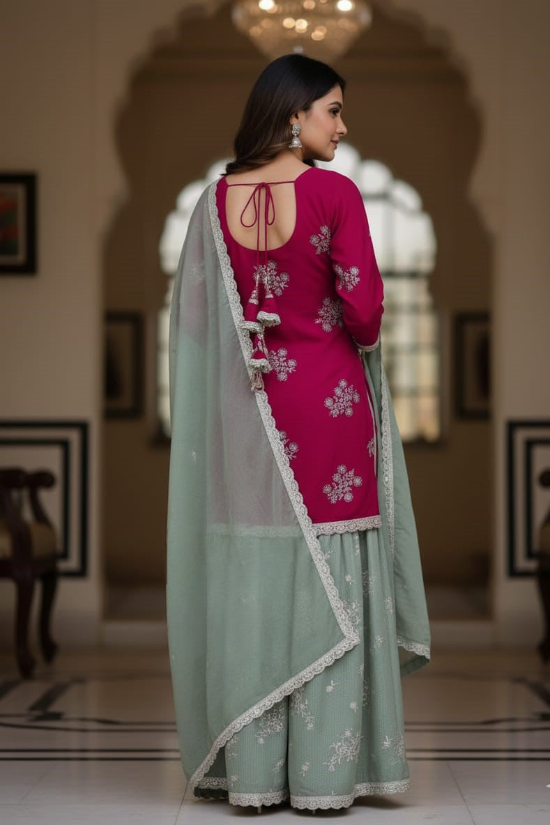 Magenta organza sharara suit set for women with elegant design and festive look. Perfect party wear suit, wedding outfit, and stylish ethnic wear for special occasions.
