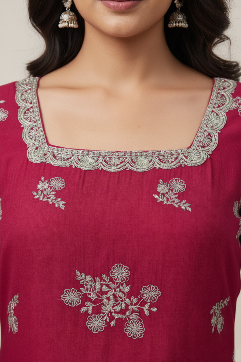 Magenta organza sharara suit set for women with elegant design and festive look. Perfect party wear suit, wedding outfit, and stylish ethnic wear for special occasions.