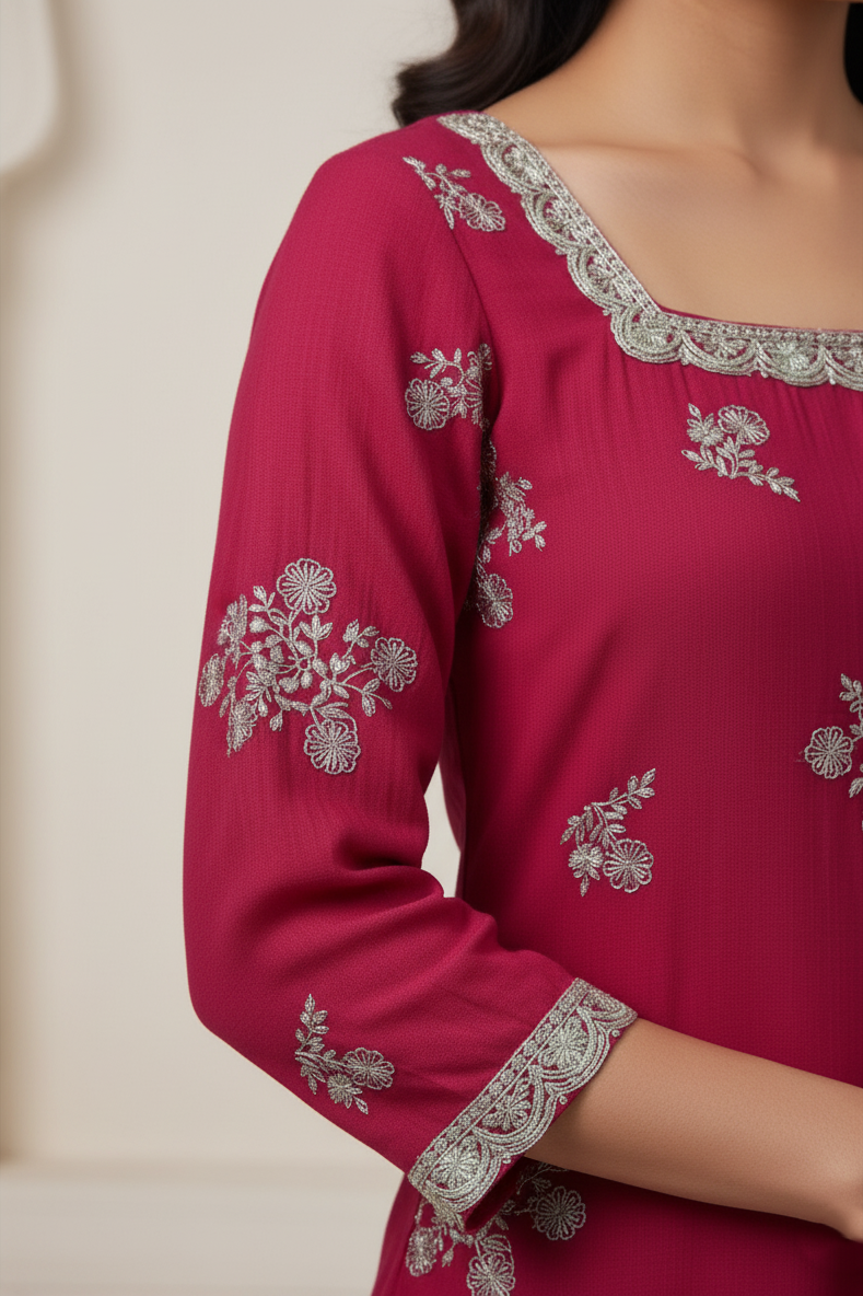 Magenta organza sharara suit set for women with elegant design and festive look. Perfect party wear suit, wedding outfit, and stylish ethnic wear for special occasions.