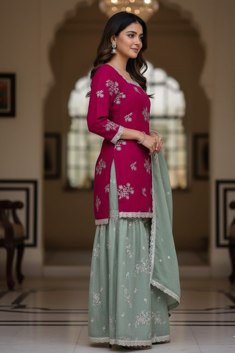 Magenta organza sharara suit set for women with elegant design and festive look. Perfect party wear suit, wedding outfit, and stylish ethnic wear for special occasions.