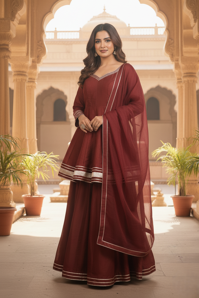 Maroon Shimmer Short Anarkali Palazzo Set with Dupatta