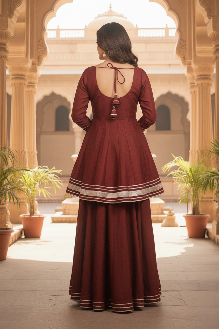 Maroon shimmer short Anarkali palazzo set with dupatta for women. Stylish party wear outfit featuring maroon kurta, shimmer suit design, and elegant Anarkali look.