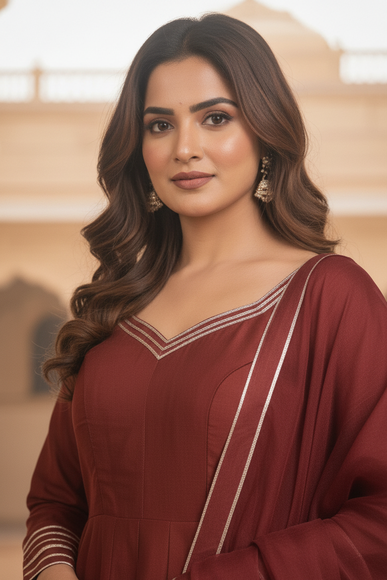 Maroon shimmer short Anarkali palazzo set with dupatta for women. Stylish party wear outfit featuring maroon kurta, shimmer suit design, and elegant Anarkali look.