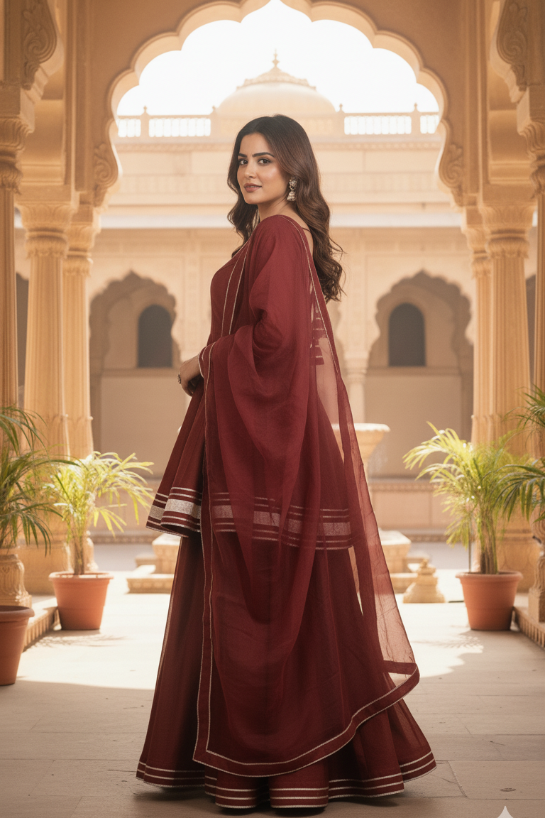  Maroon shimmer short Anarkali palazzo set with dupatta for women. Stylish party wear outfit featuring maroon kurta, shimmer suit design, and elegant Anarkali look.