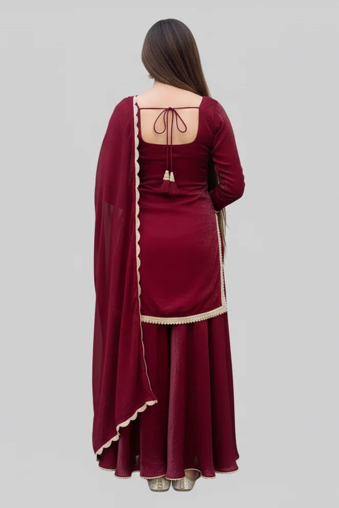 Maroon traditional  short kurti plazzo with dupta  - back 