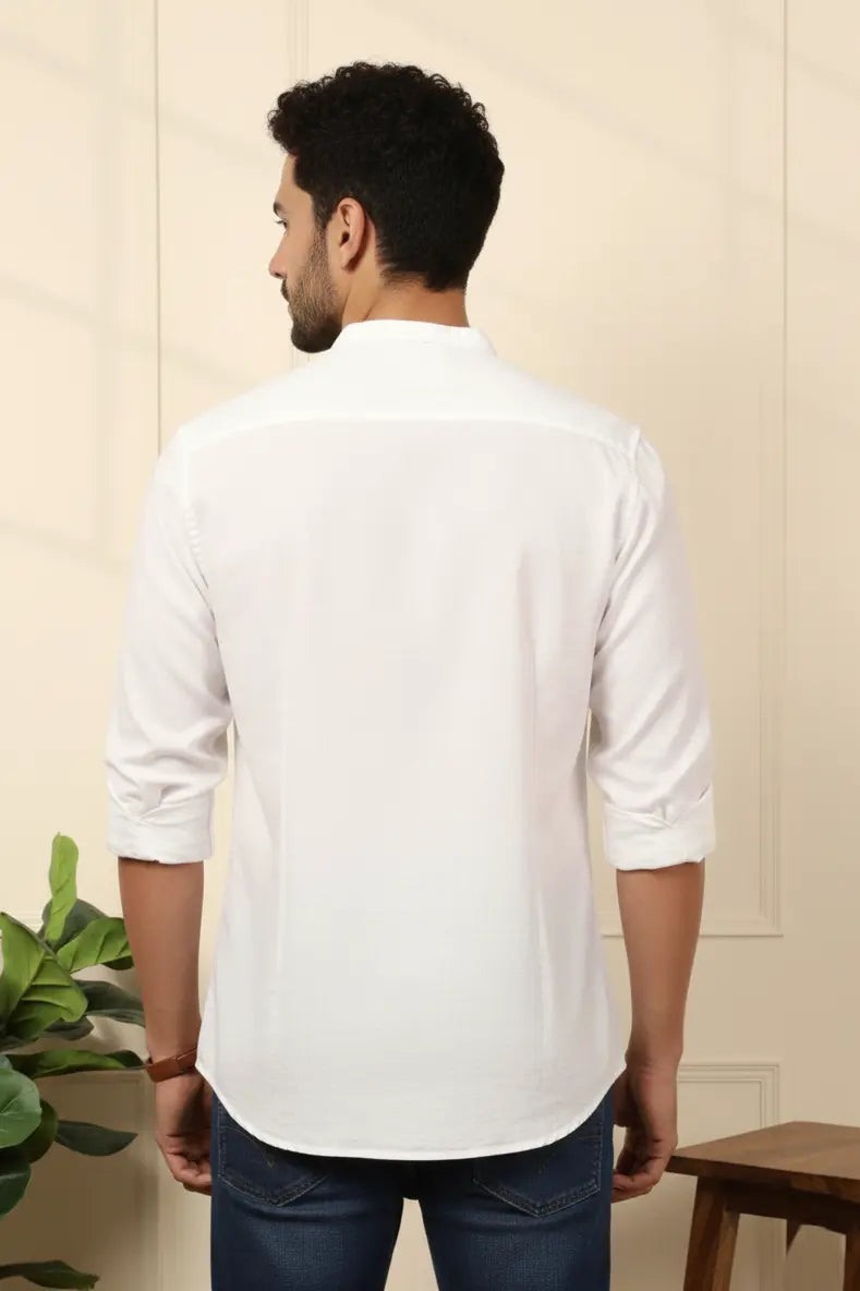 Premium mandarin collar shirt crafted as a classic white shirt for men with a clean, modern look. This breathable white shirt is ideal for mens summer shirts, making it one of the best shirts for men, perfect as mens casual shirts and comfortable cotton shirts for men.