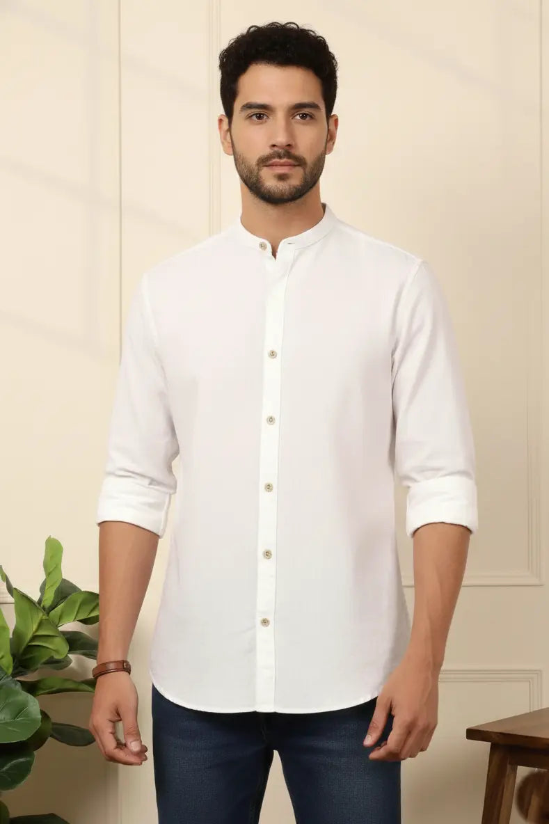 Premium mandarin collar shirt crafted as a classic white shirt for men with a clean, modern look. This breathable white shirt is ideal for mens summer shirts, making it one of the best shirts for men, perfect as mens casual shirts and comfortable cotton shirts for men.