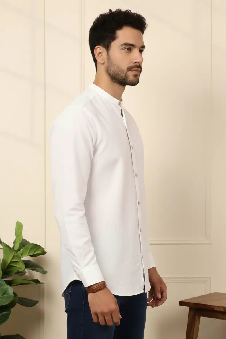 Premium mandarin collar shirt crafted as a classic white shirt for men with a clean, modern look. This breathable white shirt is ideal for mens summer shirts, making it one of the best shirts for men, perfect as mens casual shirts and comfortable cotton shirts for men.