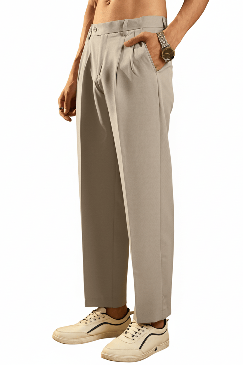 This stylish formal trouser for men features modern front pleats and a clean beige tone. A comfortable regular fit trouser for men, it’s a versatile trouser for men for smart-casual wear.