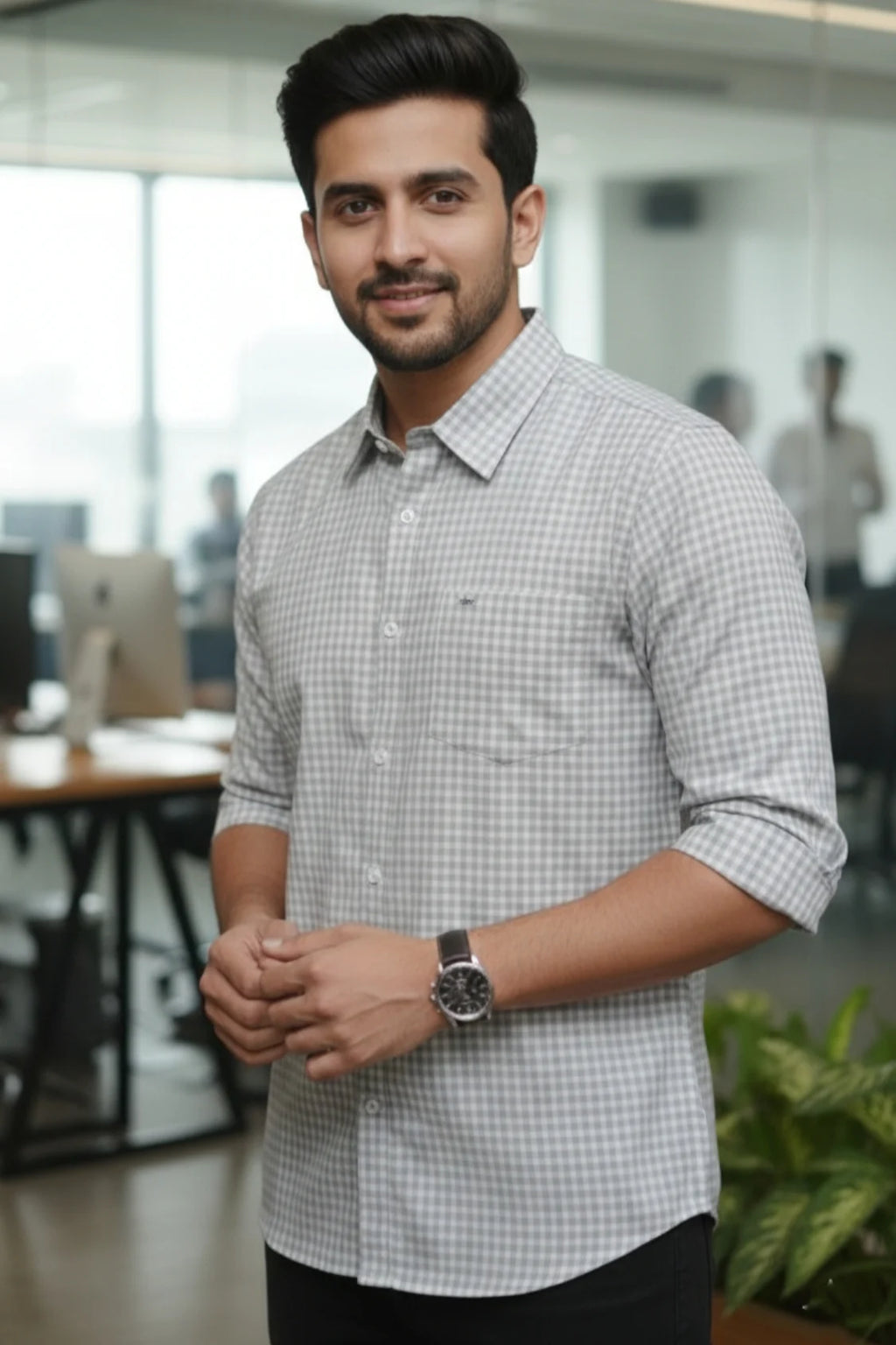 A sophisticated formal shirt for men featuring a crisp grey check shirt for men pattern. This full sleeve shirt is essential for any professional wardrobe.