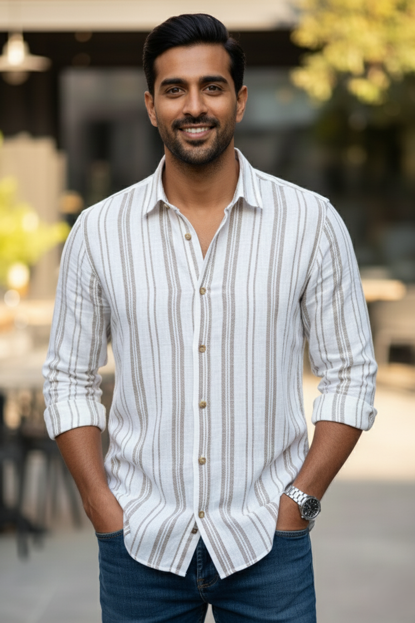 White cotton formal striped shirt for men with full sleeves and comfortable fit. Perfect cotton formal shirt for men, office wear shirt, and latest trending shirt for men.