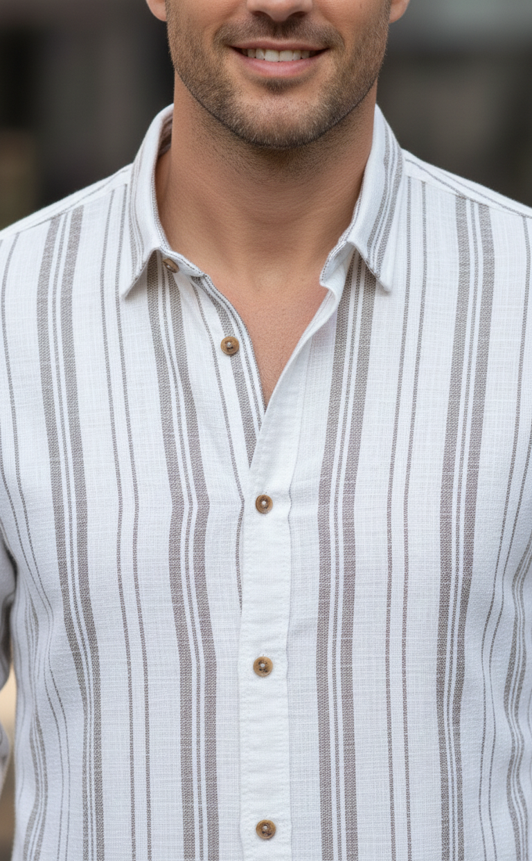 White cotton formal striped shirt for men with full sleeves and comfortable fit. Perfect cotton formal shirt for men, office wear shirt, and latest trending shirt for men.