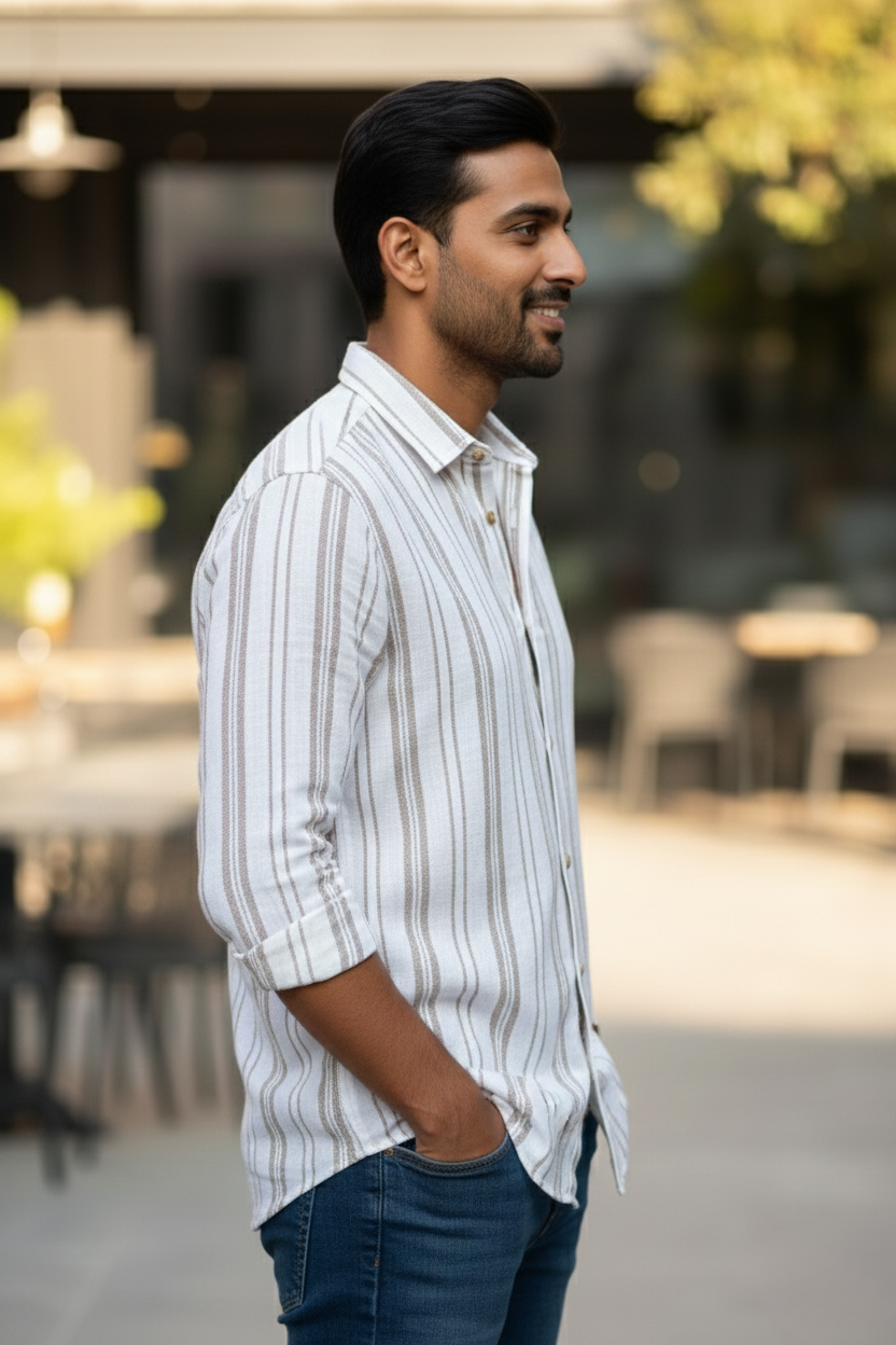 White cotton formal striped shirt for men with full sleeves and comfortable fit. Perfect cotton formal shirt for men, office wear shirt, and latest trending shirt for men.