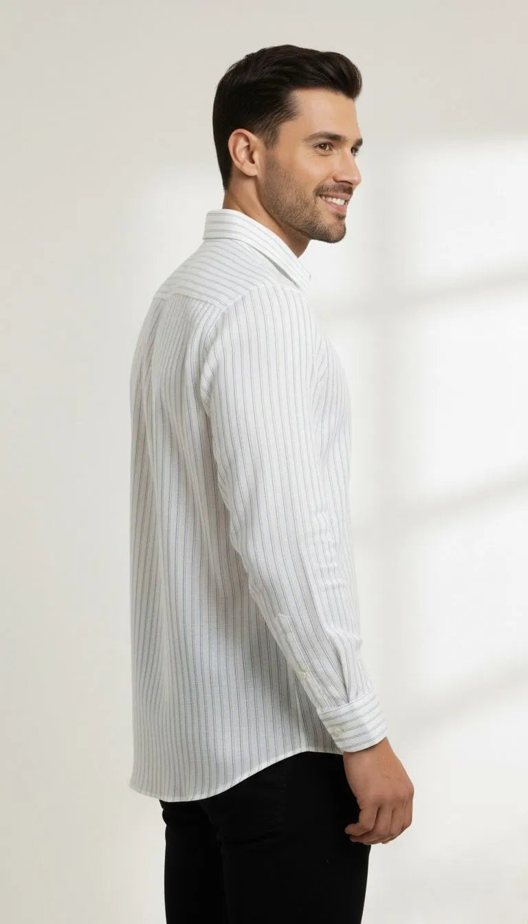 Look your best in this perfectly fitted mens white linen shirt. This striped white shirt for men linen offers a clean, polished appearance.
