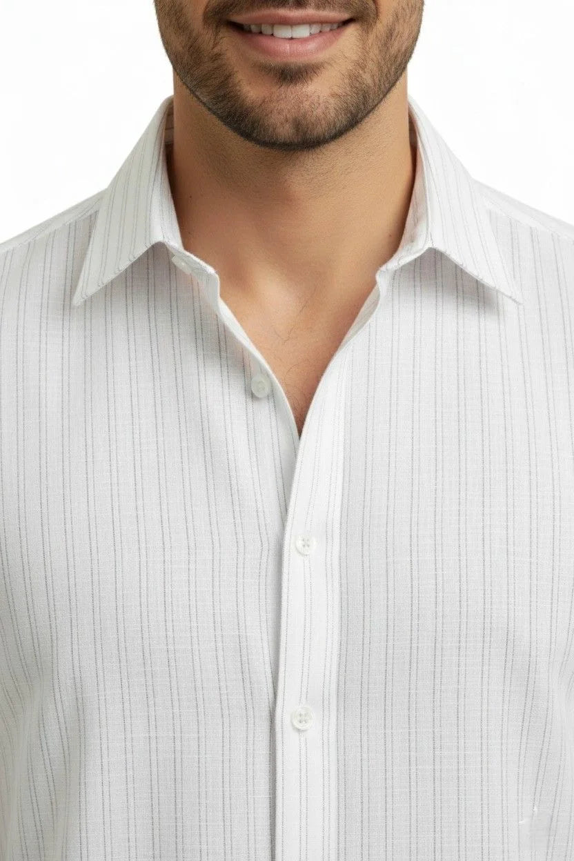 A timeless striped pattern meets a premium men's white linen shirt. Perfect for those who want a modern twist on a mens white linen shirt.