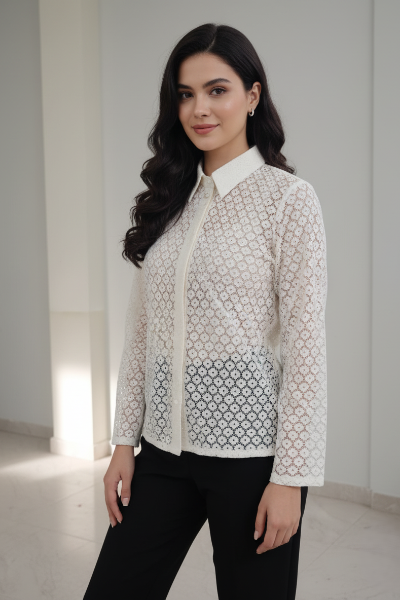 This Korean white sheer shirt for women offers a breezy, modern silhouette. A perfect white sheer shirt for layering over camisoles for a sophisticated weekend look.