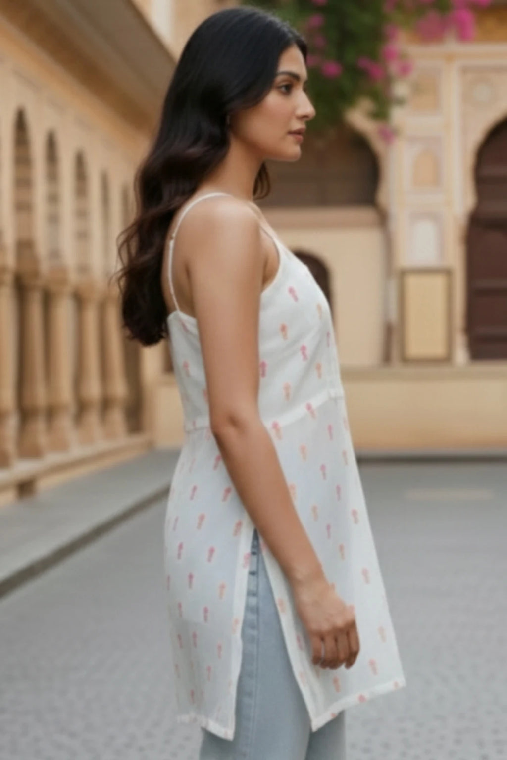 White crepe Nyra cut short kurti for women, sleeveless short kurti, trendy ethnic wear top