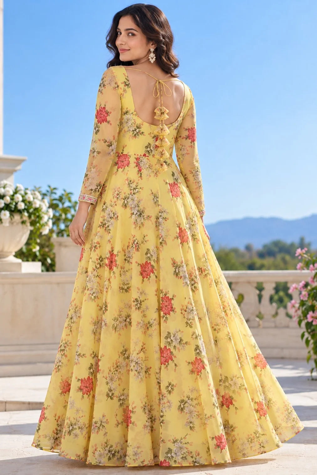 Yellow Floral Maxi Dress for Women | Full Sleeve Flared Dress