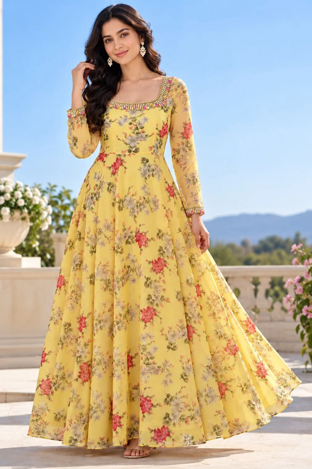 Yellow Floral Maxi Dress for Women | Full Sleeve Flared Dress