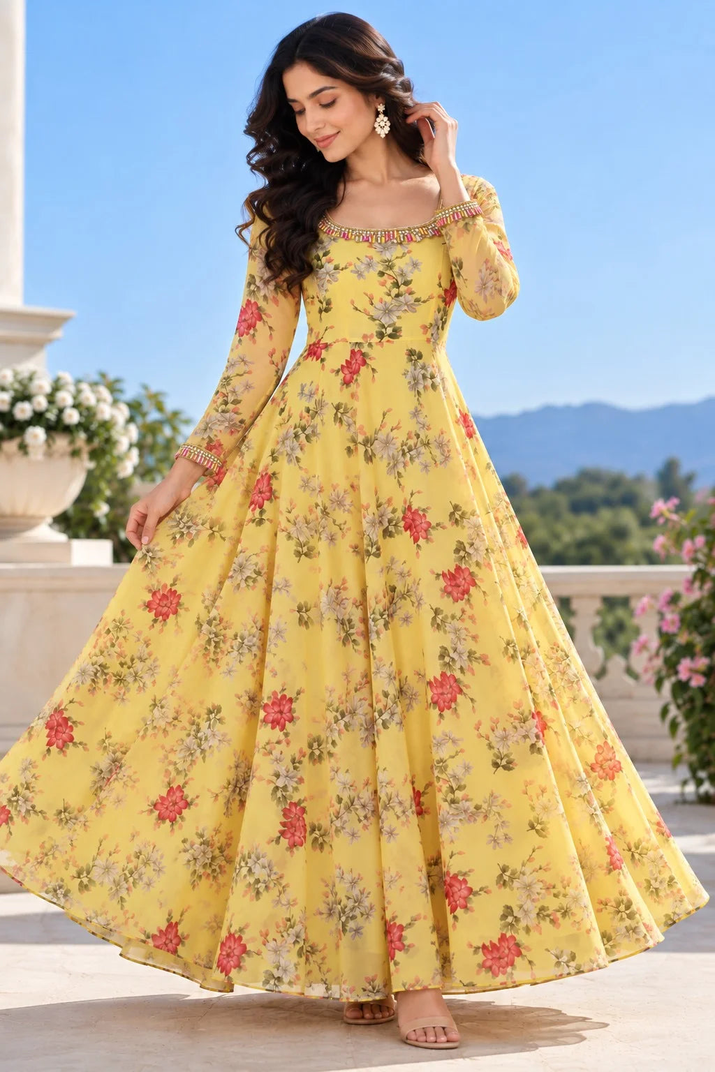 Yellow Floral Maxi Dress for Women | Full Sleeve Flared Dress
