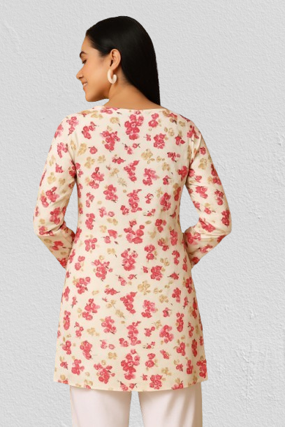 Stay fresh in this breathable floral kurti. Perfect for warm weather, this kurti for women offers a simple yet elegant silhouette that pairs beautifully with white trousers or leggings.