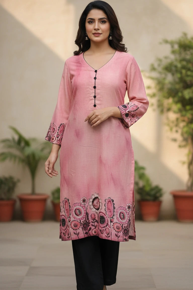 A stylish Pink Floral Cotton Short Kurti perfect for daily wear. This breathable short kurti is a must-have kurti for women seeking comfort and style.