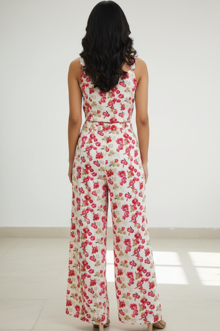 Stay breezy in this beautiful floral dress for women. Designed as a coordinated dress for women, it combines a flattering sweetheart neckline with comfortable wide-leg trousers.