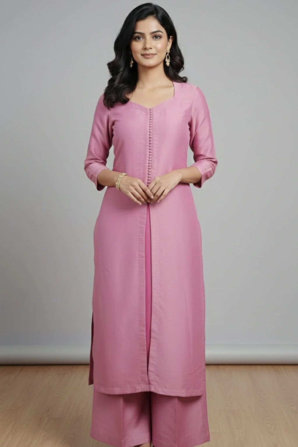 Pink silk blend kurta palazzo set for women, silk kurta set for women, Pink ethnic wear suit set with palazzo