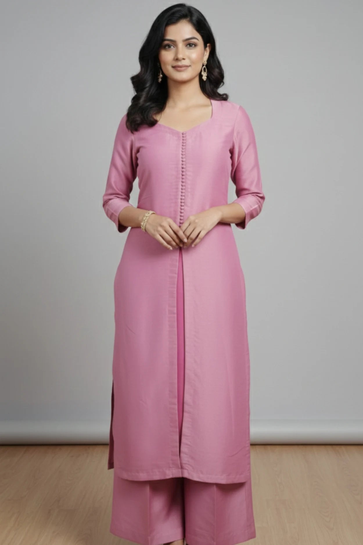 Pink silk blend kurta palazzo set for women, silk kurta set for women, Pink ethnic wear suit set with palazzo