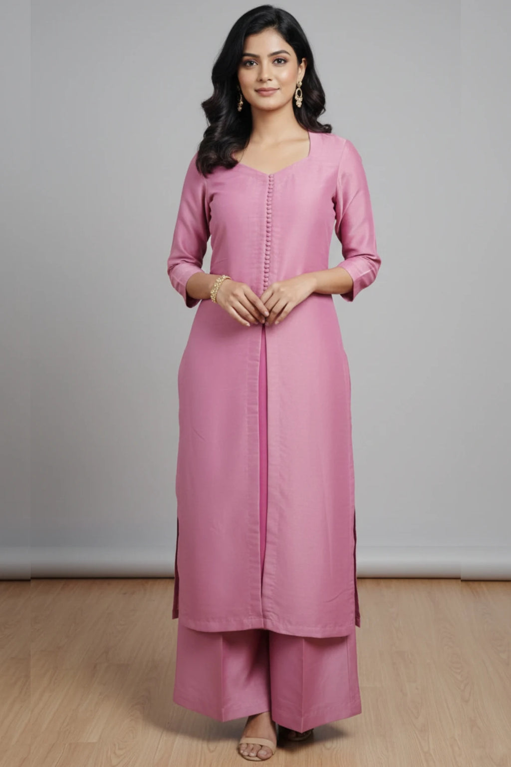 Pink silk blend kurta palazzo set for women, silk kurta set for women, Pink ethnic wear suit set with palazzo