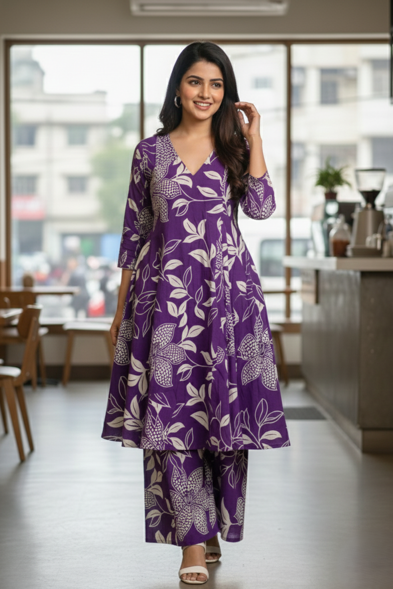 Pure cotton kurta for women with printed design and matching palazzo. Comfortable cotton kurta palazzo set, perfect for daily wear, office wear, and summer styling.