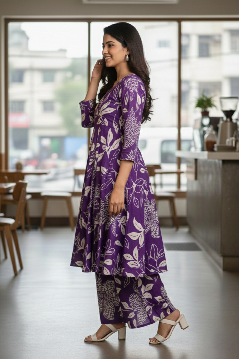 Pure cotton kurta for women with printed design and matching palazzo. Comfortable cotton kurta palazzo set, perfect for daily wear, office wear, and summer styling.
