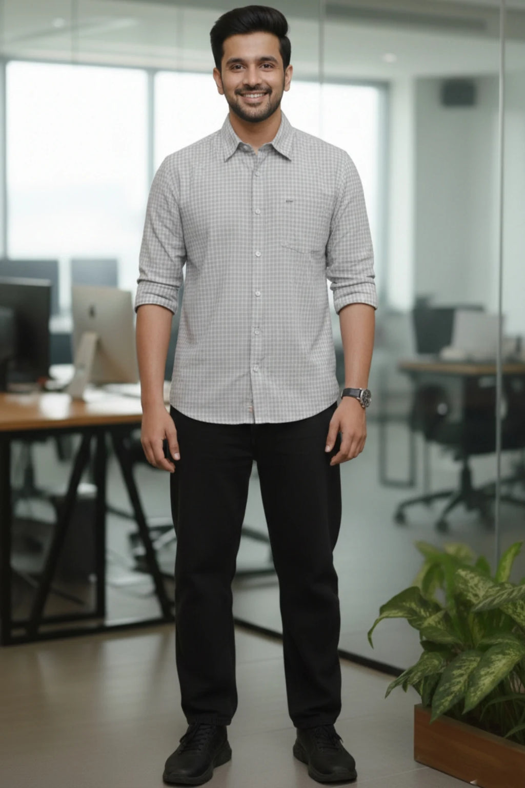 This formal shirt for men is perfect for the office. A durable cotton shirt for men featuring a subtle check shirt for men design.