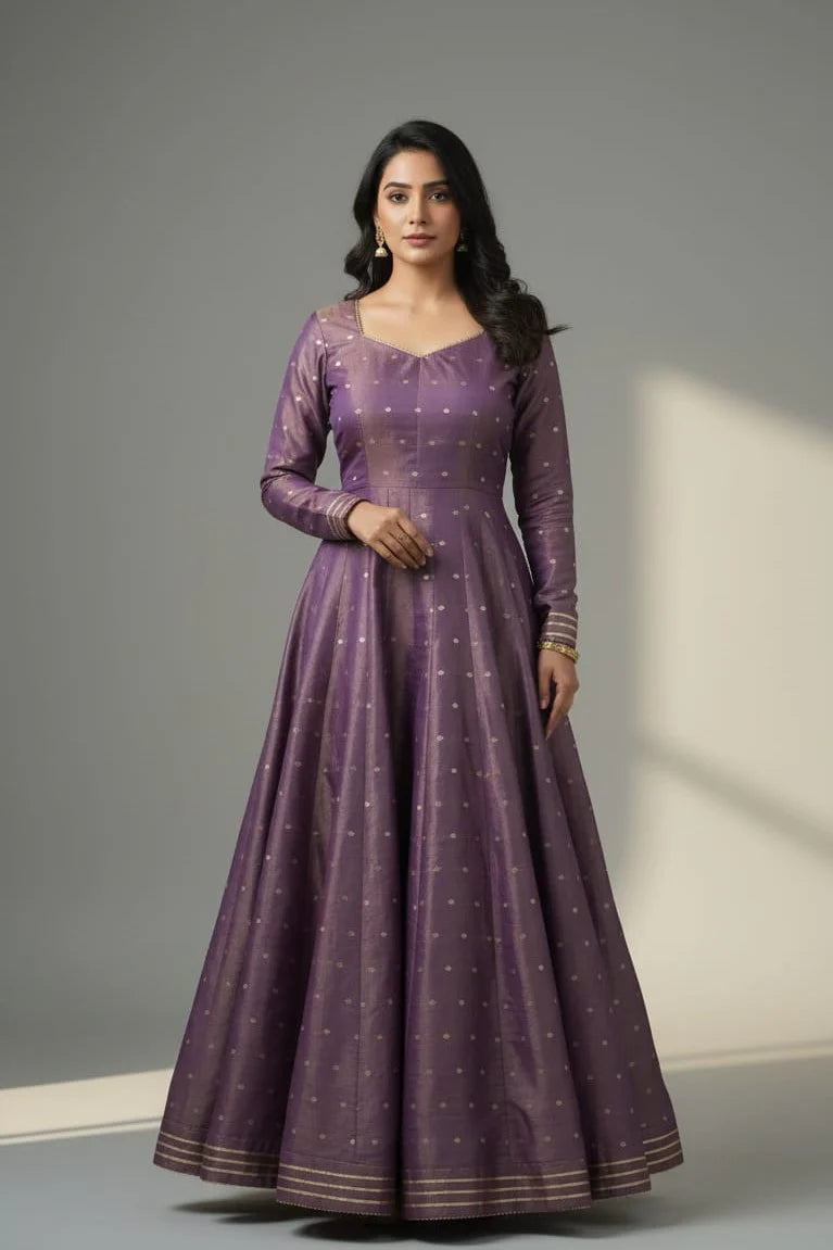 Purple Banarasi Anarkali gown for women with full sleeves and elegant design. Perfect reception gown, one piece gown, designer dress, and stylish ladies gown for special occasions.