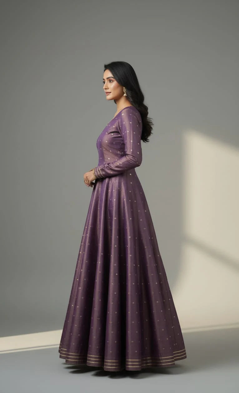 Purple Banarasi Anarkali gown for women with full sleeves and elegant design. Perfect reception gown, one piece gown, designer dress, and stylish ladies gown for special occasions.