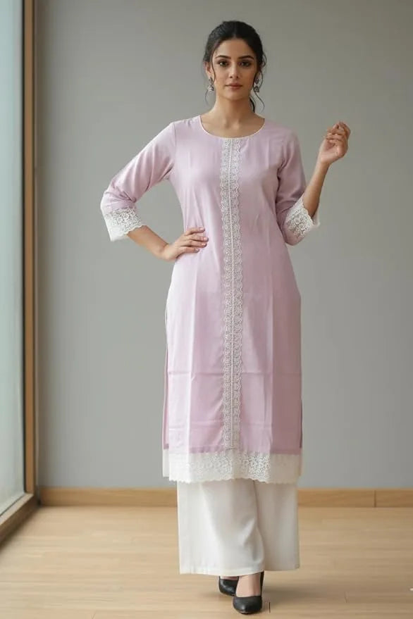 Purple cotton kurta palazzo set for women with full sleeves and round neck design. Perfect summer kurti, short kurta with palazzo, and comfortable daily wear outfit.