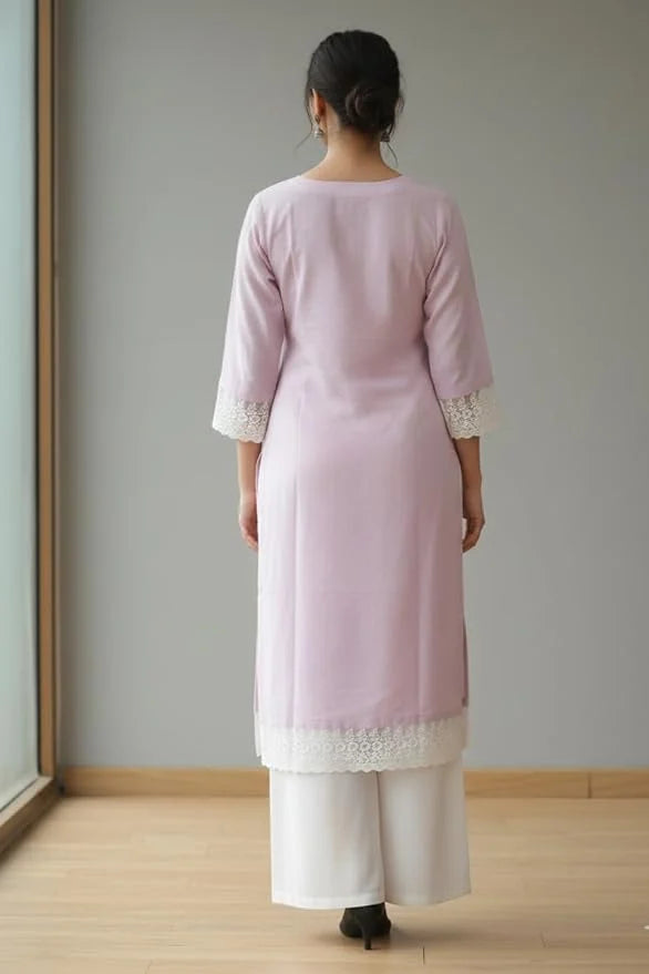 Purple cotton kurta palazzo set for women with full sleeves and round neck design. Perfect summer kurti, short kurta with palazzo, and comfortable daily wear outfit.