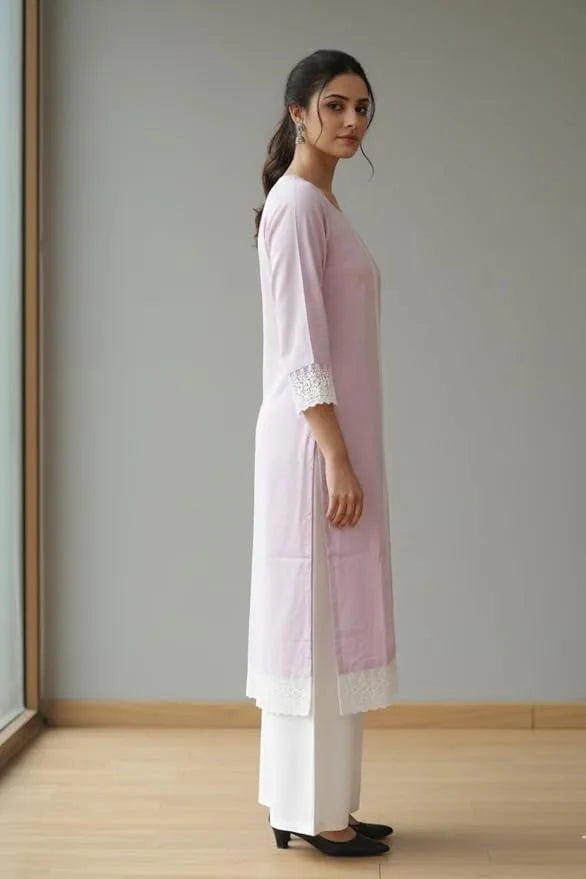 Purple cotton kurta palazzo set for women with full sleeves and round neck design. Perfect summer kurti, short kurta with palazzo, and comfortable daily wear outfit.