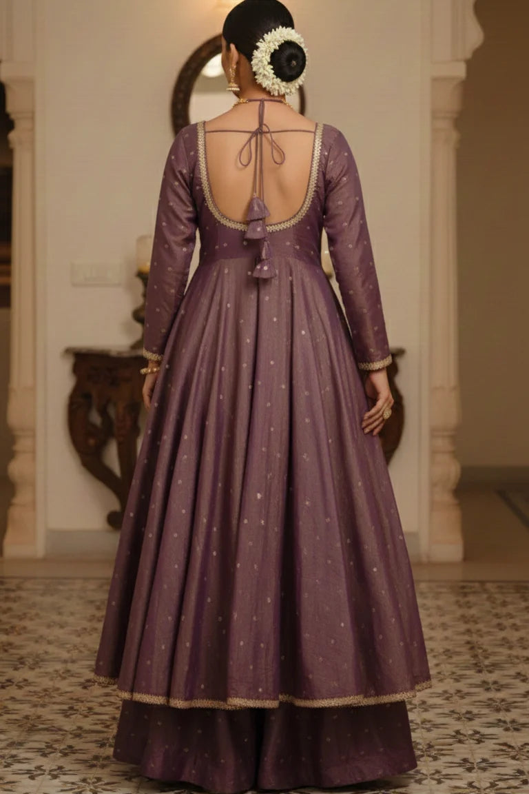 Elegant kurta palazzo set for women featuring a purple full sleeve kurti with scoop neck. This long kurta dress showcases a modern kurta dizain new and korta dijain, perfect as a stylish kurti and palazzo set or plazo set for women.