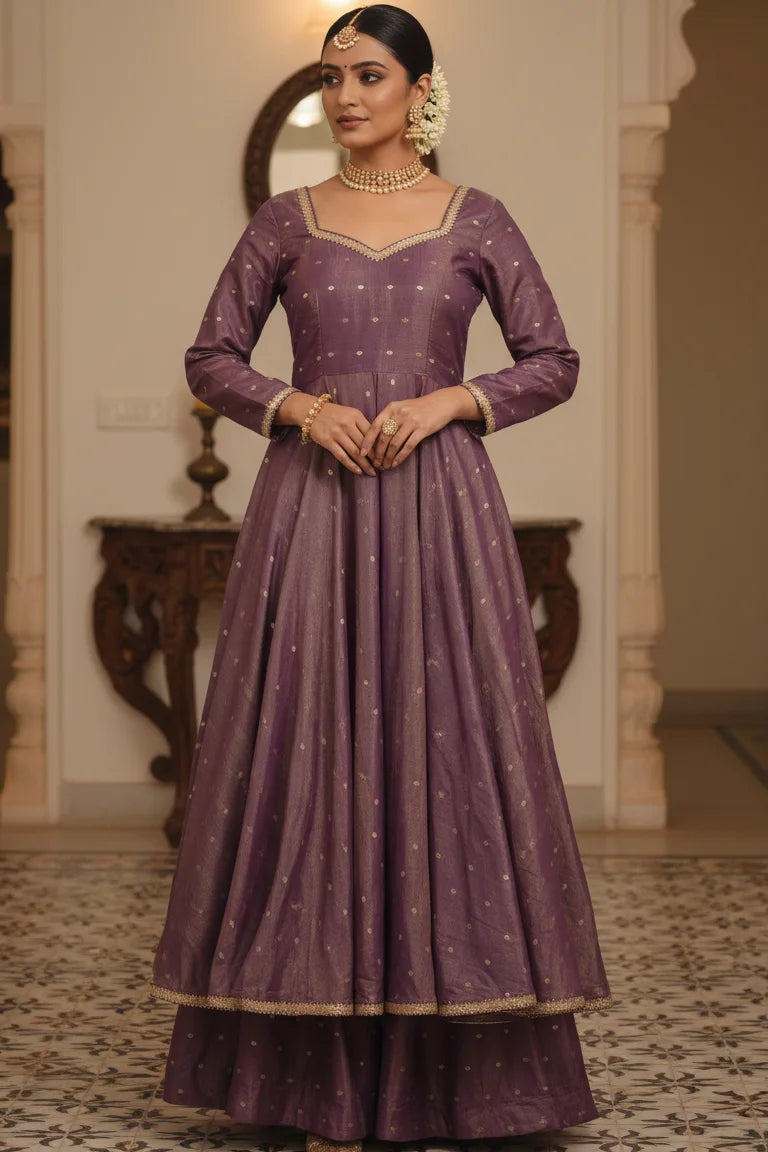 Elegant kurta palazzo set for women featuring a purple full sleeve kurti with scoop neck. This long kurta dress showcases a modern kurta dizain new and korta dijain, perfect as a stylish kurti and palazzo set or plazo set for women.